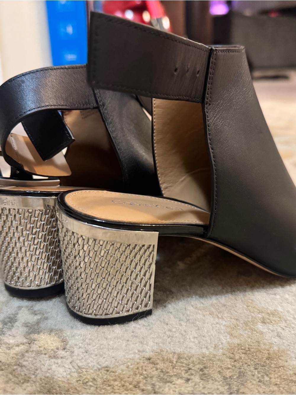 Calvin Klein Black Leather Strap Leatherandals with Textured Metallic Block Heel